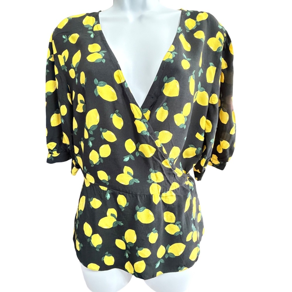 Nobody's Child Lemon Print Wrap Blouse Black Yellow V-Neck Puff Sleeve Size 10